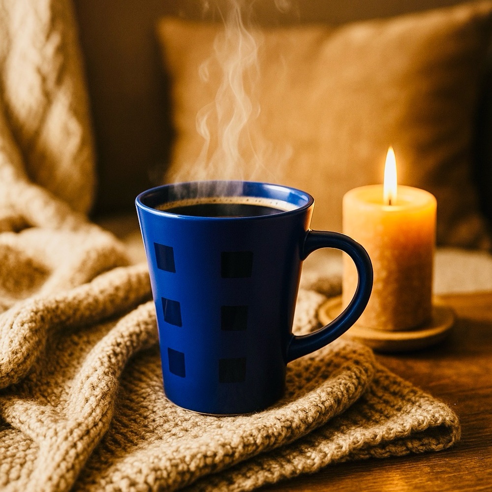 California Pantry Blue Ceramic Coffee Mug– Black Square Pattern